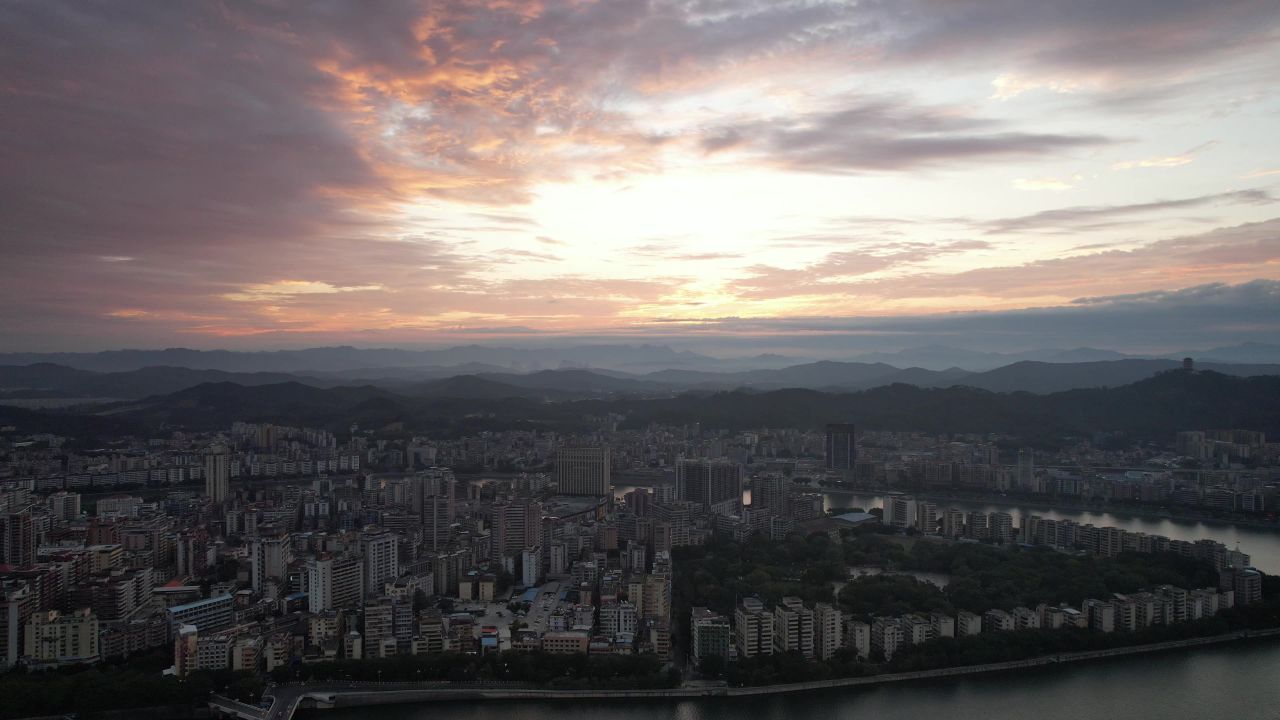 广东韶关城市清晨日出彩霞风景航拍 