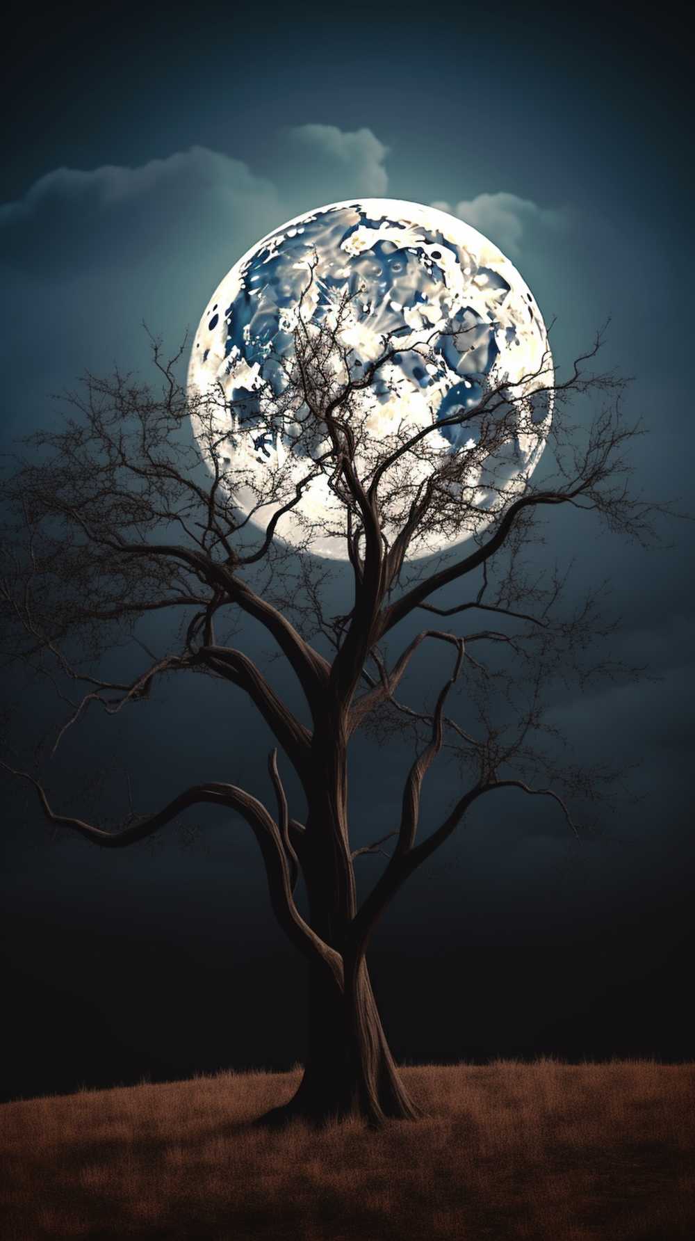 没有叶子的树和月亮夜景