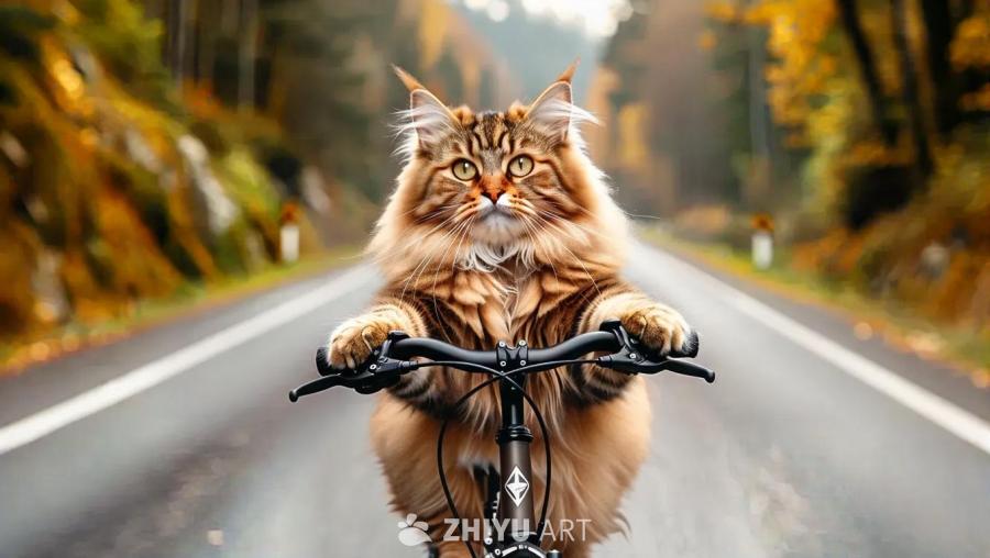 一只毛茸茸的猫骑着自行车行驶在一条漫长的道路上，道