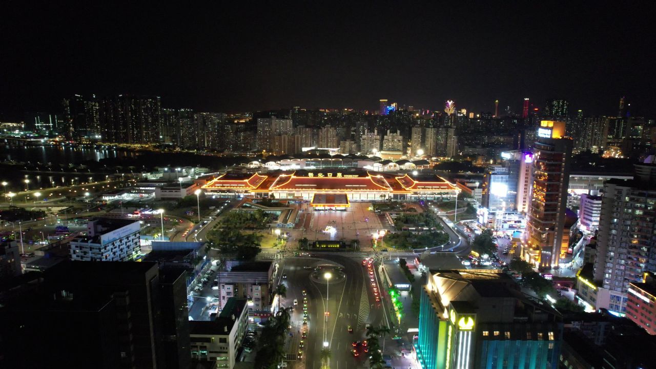 广东珠海拱北口岸夜景灯光航拍