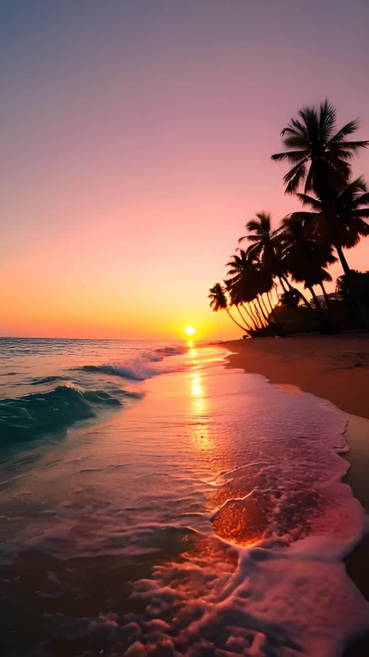 低角度静态镜头：宁静的暮色海滩，波浪轻轻拍打海岸。