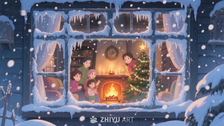 雪夜窗前的家庭温馨圣诞场景 339