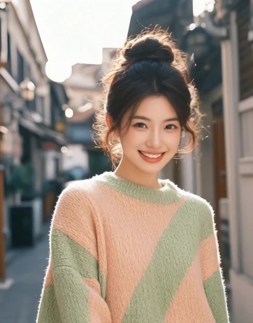 一位年轻女孩站在户外，背景是建筑和街道。她穿着一件