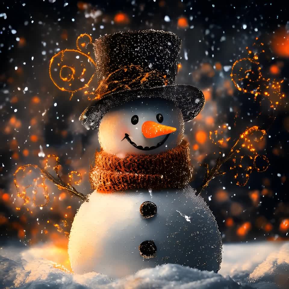 一个雪人戴着黑色高帽，围着橙色围巾。雪人的脸上有黑