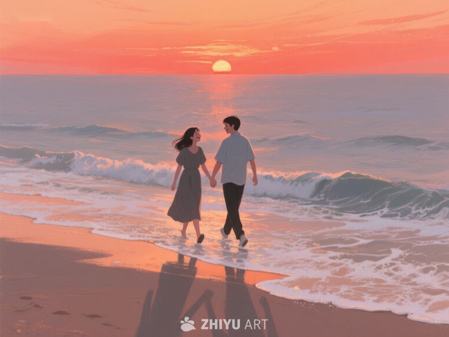 夕阳下海边漫步的情侣 855
