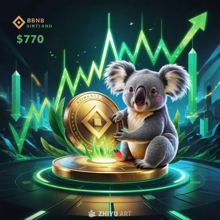 一只考拉坐在金色的币上，币上刻有“Binance 