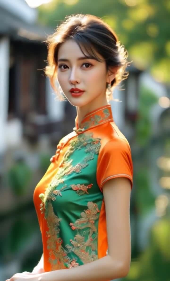 旗袍美女微笑，背景模糊，光线柔和自然唯美。