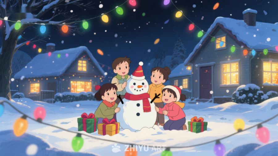 冬夜温馨场景：孩子们与雪人共度时光 72