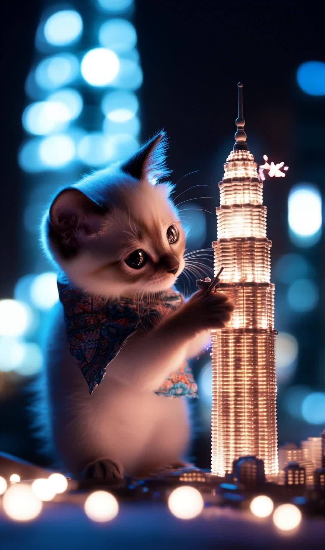 猫咪与发光高塔：梦幻般的都市夜景
