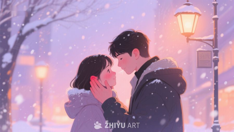 雪夜街头的温馨瞬间 529