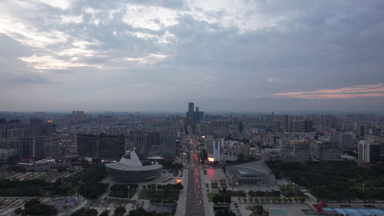 广东东莞晚霞夜幕降临航拍