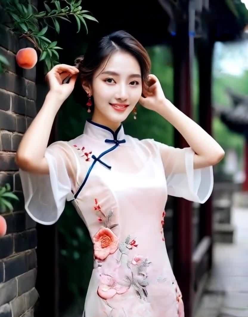 一位穿着旗袍的年轻女子站在砖墙旁边。砖墙上有树叶和