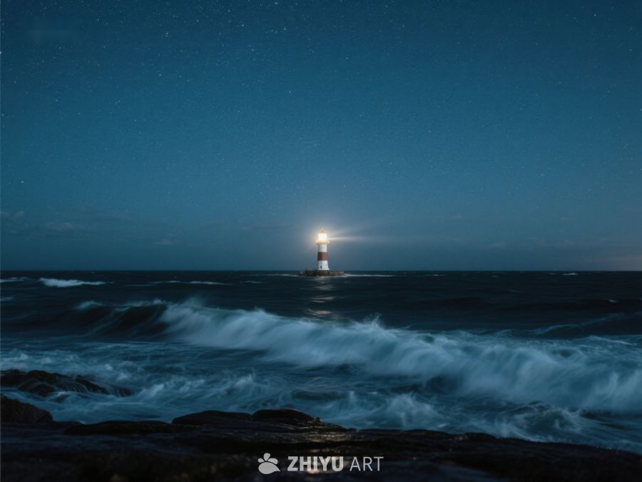 夜幕下的灯塔照亮波涛汹涌的海面 480