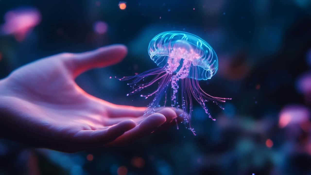 一只发光的半透明水母盘旋在伸出的人手上方，它纤细的