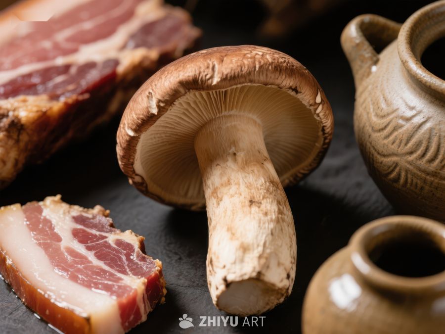 蘑菇与培根的静物组合 380