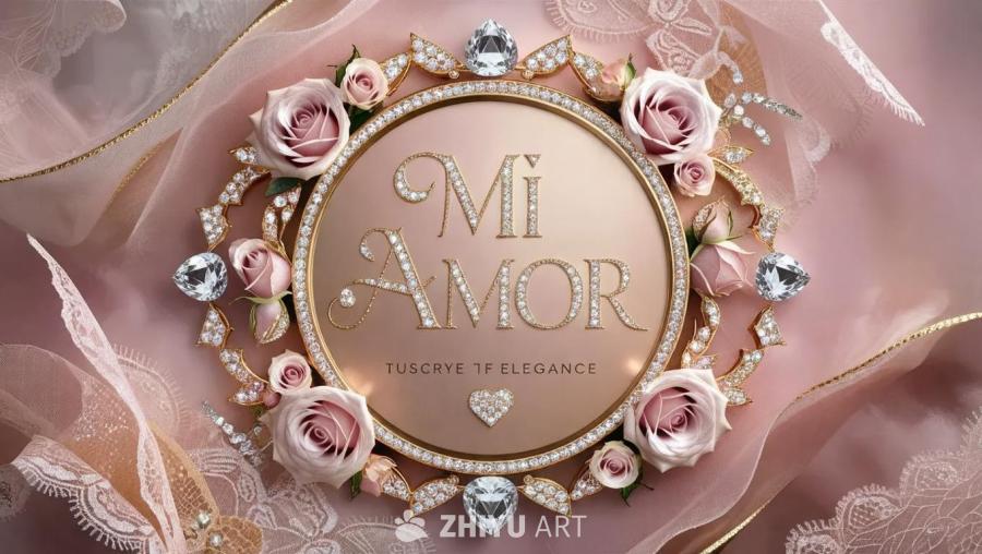 圆形金色背景板上显示了镶满钻石的“Mi Amor”