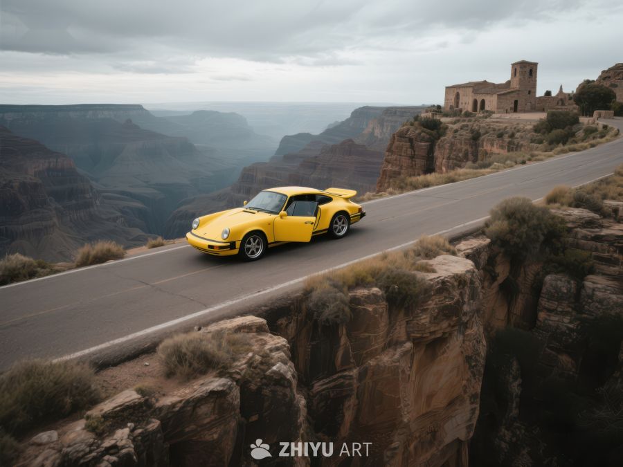 黄色跑车行驶在悬崖边的公路上 159