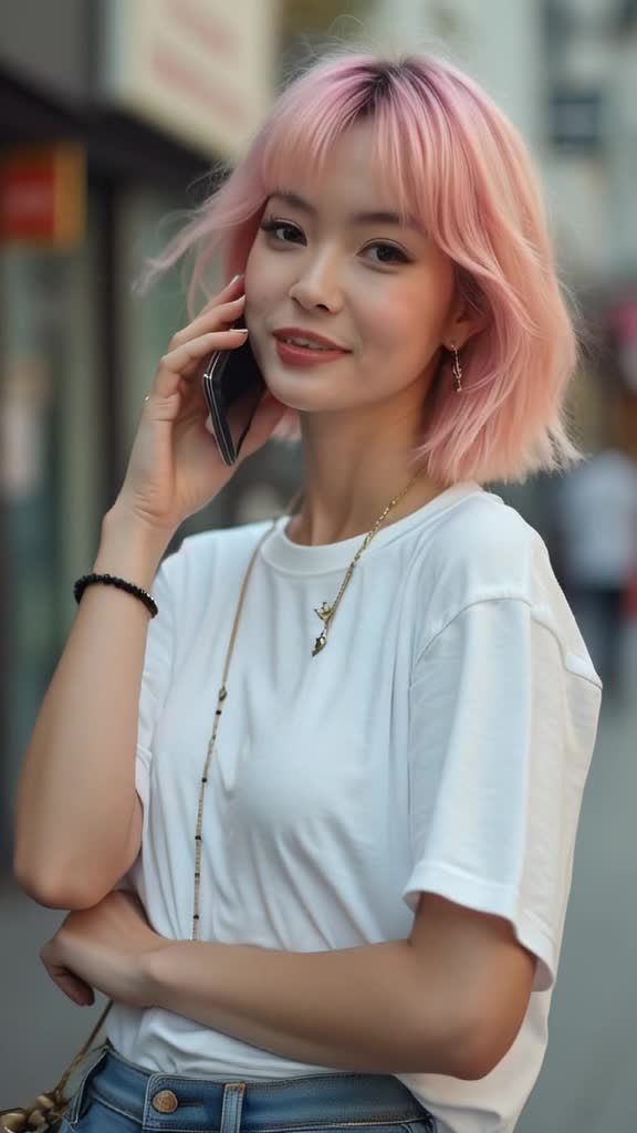一个年轻女子手持手机，正在通话。她留着粉色短发，穿