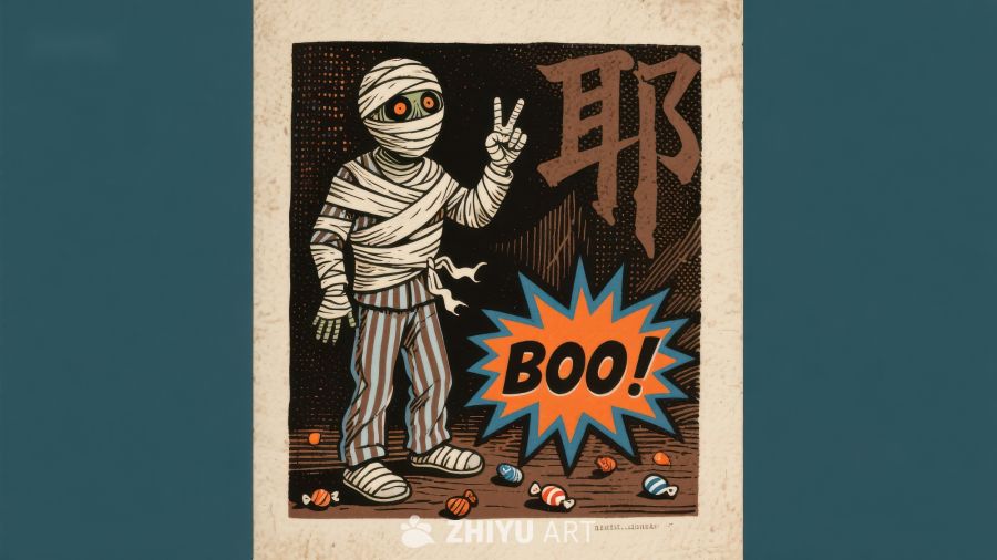 木乃伊手势和平，背景有“耶”和“BOO！”