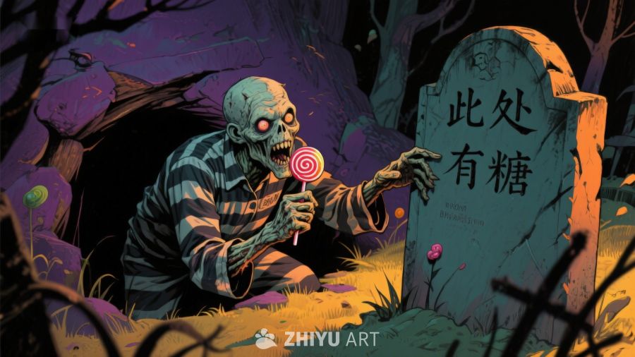 墓地僵尸手持糖果，诡异氛围