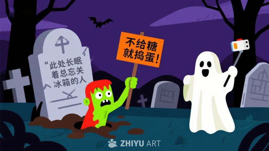 万圣节墓地场景：小鬼与幽灵的搞笑互动