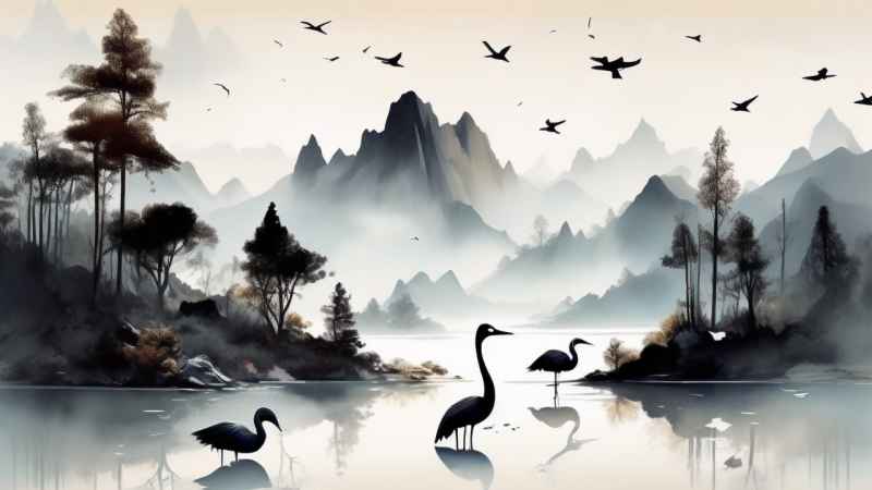 国风山水鹤插画背景 42