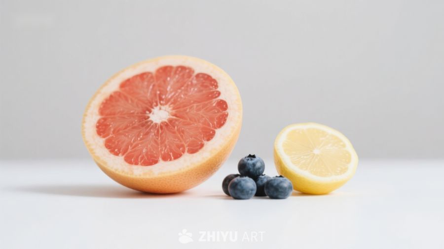 新鲜水果组合：葡萄柚、柠檬与蓝莓