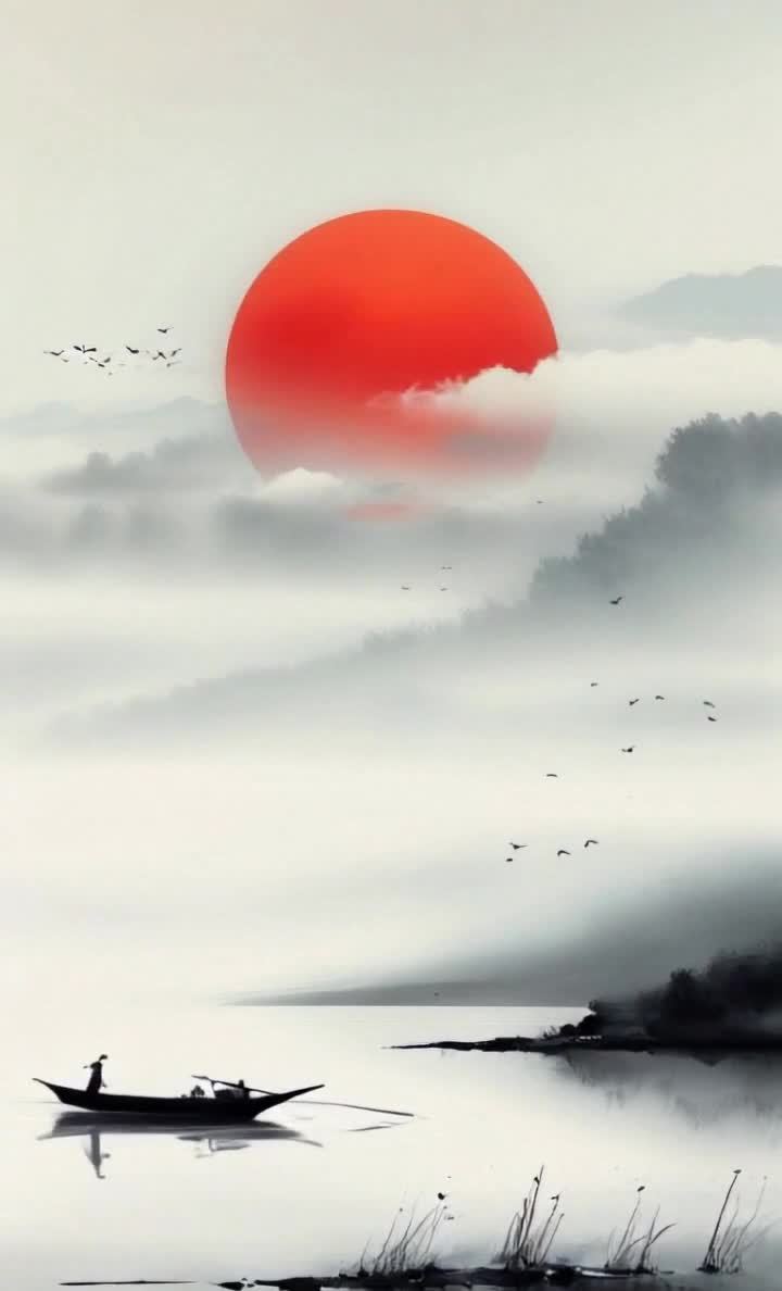 湖面上，一艘扁舟缓慢行驶，舟上站立着一个人。湖面平