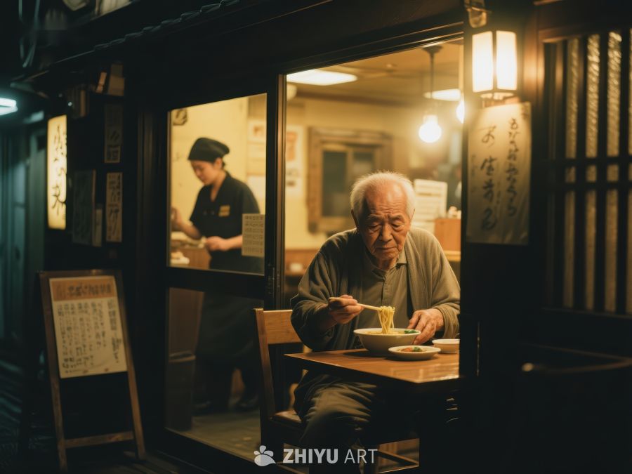 夜幕下的餐馆，老人独自用餐 833
