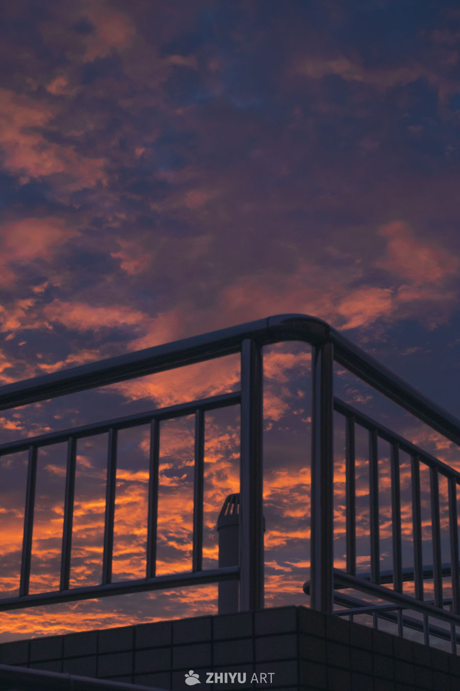 夕阳下的栏杆剪影