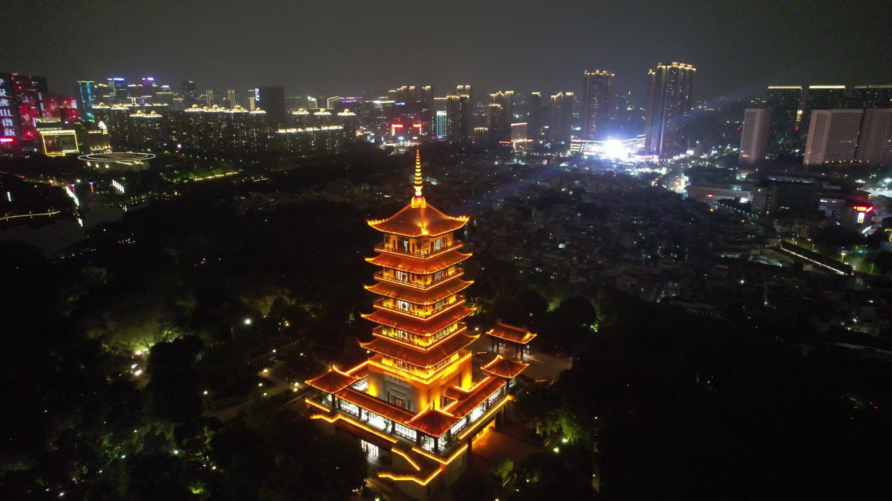 广东佛山夜景魁星阁地标建筑航拍 