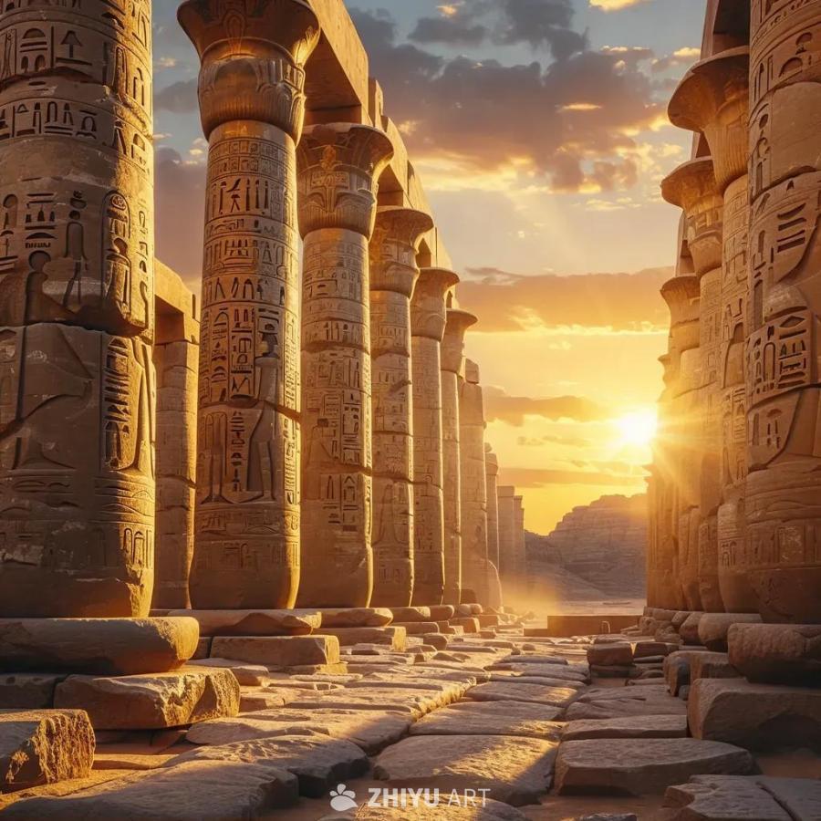 高耸的古代石柱林立，沐浴在柔和的夕阳余晖中。石柱上