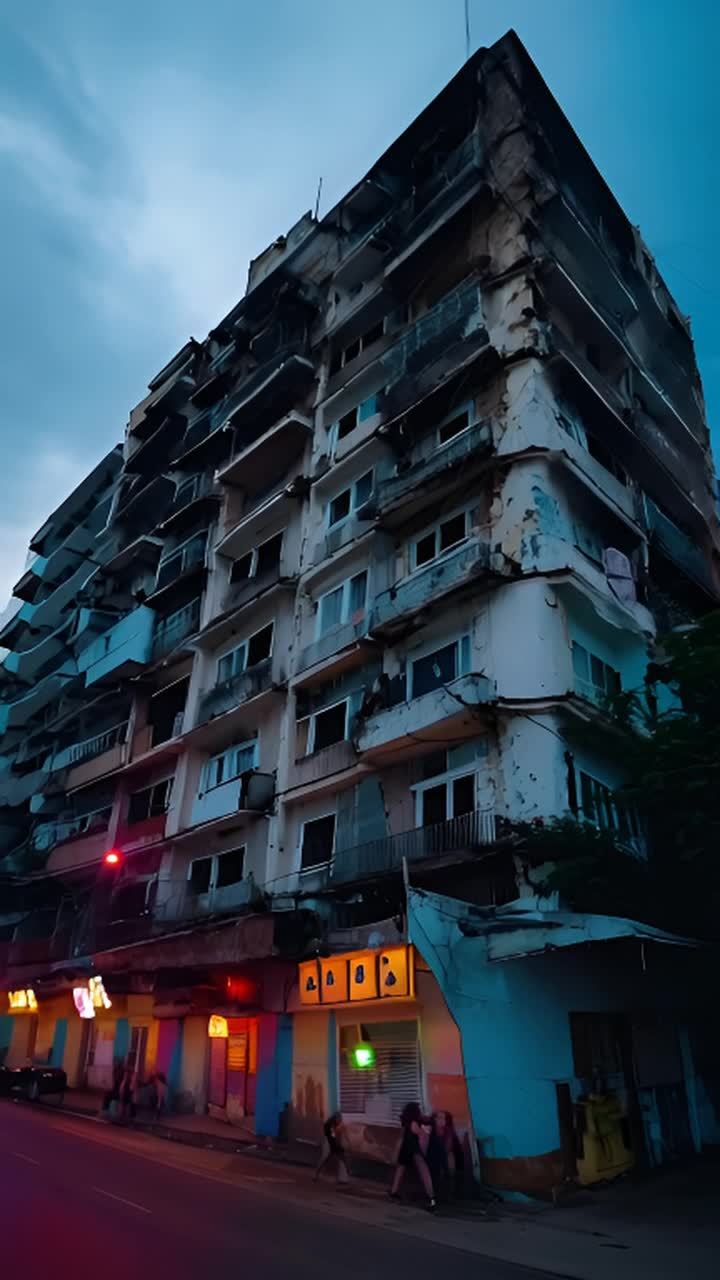 一个破旧的公寓楼从低角度向上拍摄，建筑外墙斑驳，墙