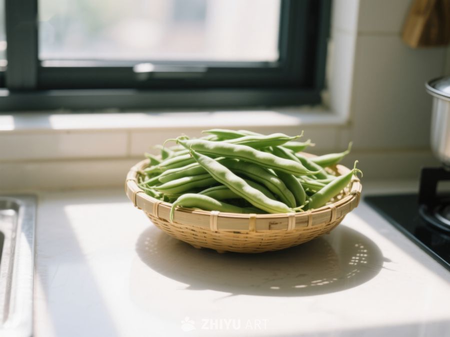 窗边竹篮中的新鲜四季豆 135
