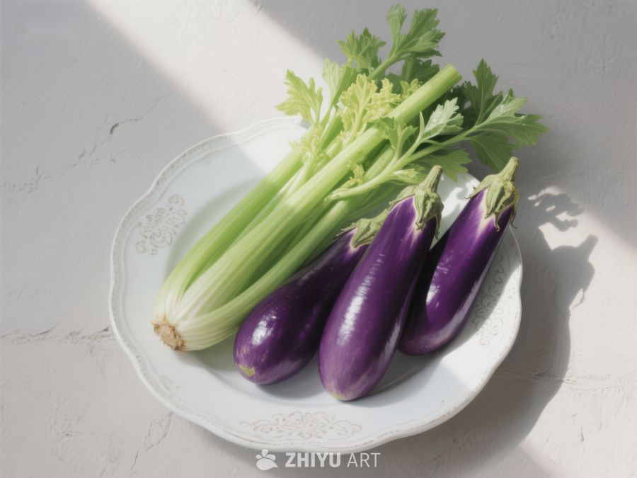 盘中芹菜与茄子的静物组合 265