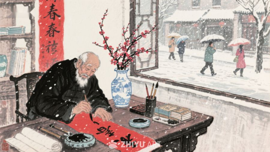 雪中老人挥毫书写春联 1132