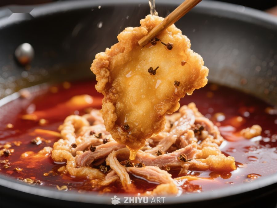 麻辣火锅中的嫩滑鱼片 395