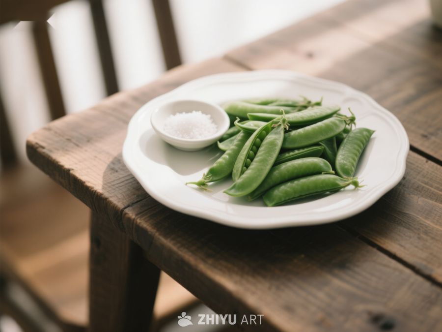 新鲜豌豆荚与盐碟置于木桌 538