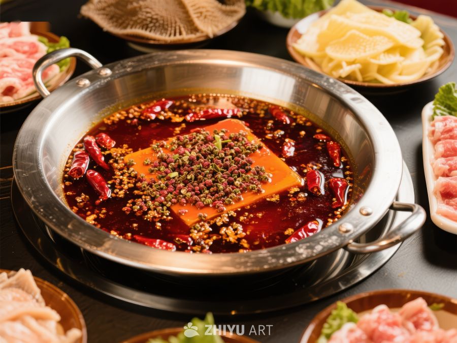 麻辣火锅锅底，配菜丰富诱人 379