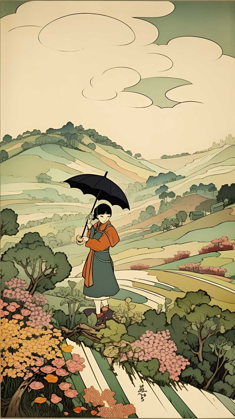 拿着伞的动画片女孩