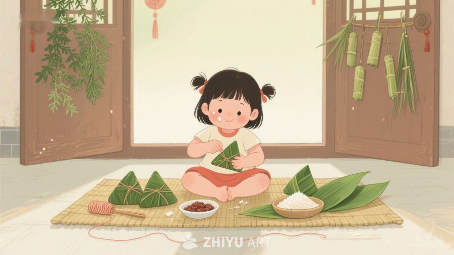 小女孩制作粽子，端午节温馨场景 398