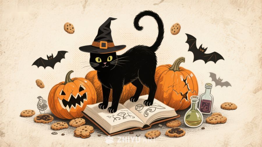万圣节黑猫与南瓜的魔法场景