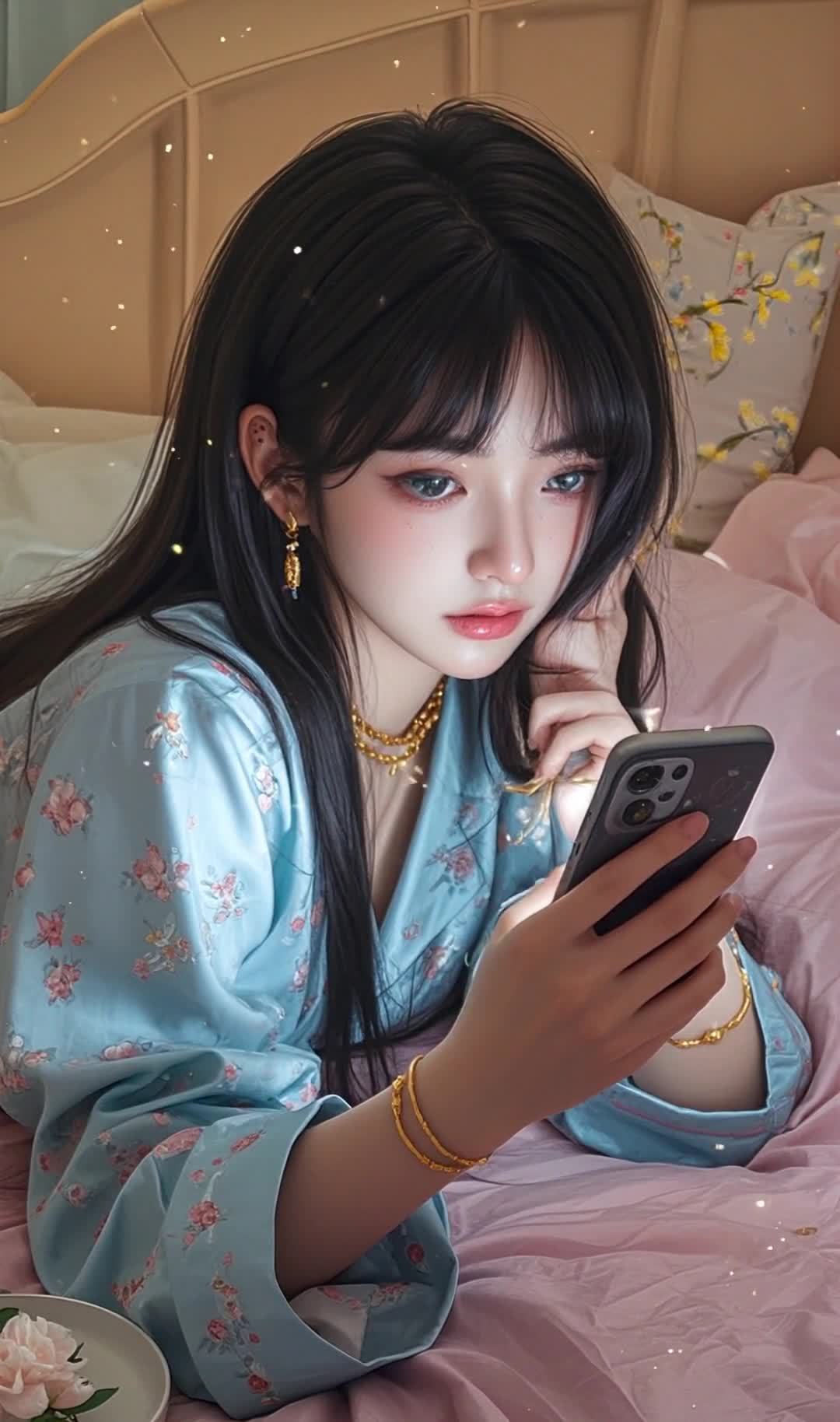 睡衣少女床上手持手机，金色珠宝闪耀光芒