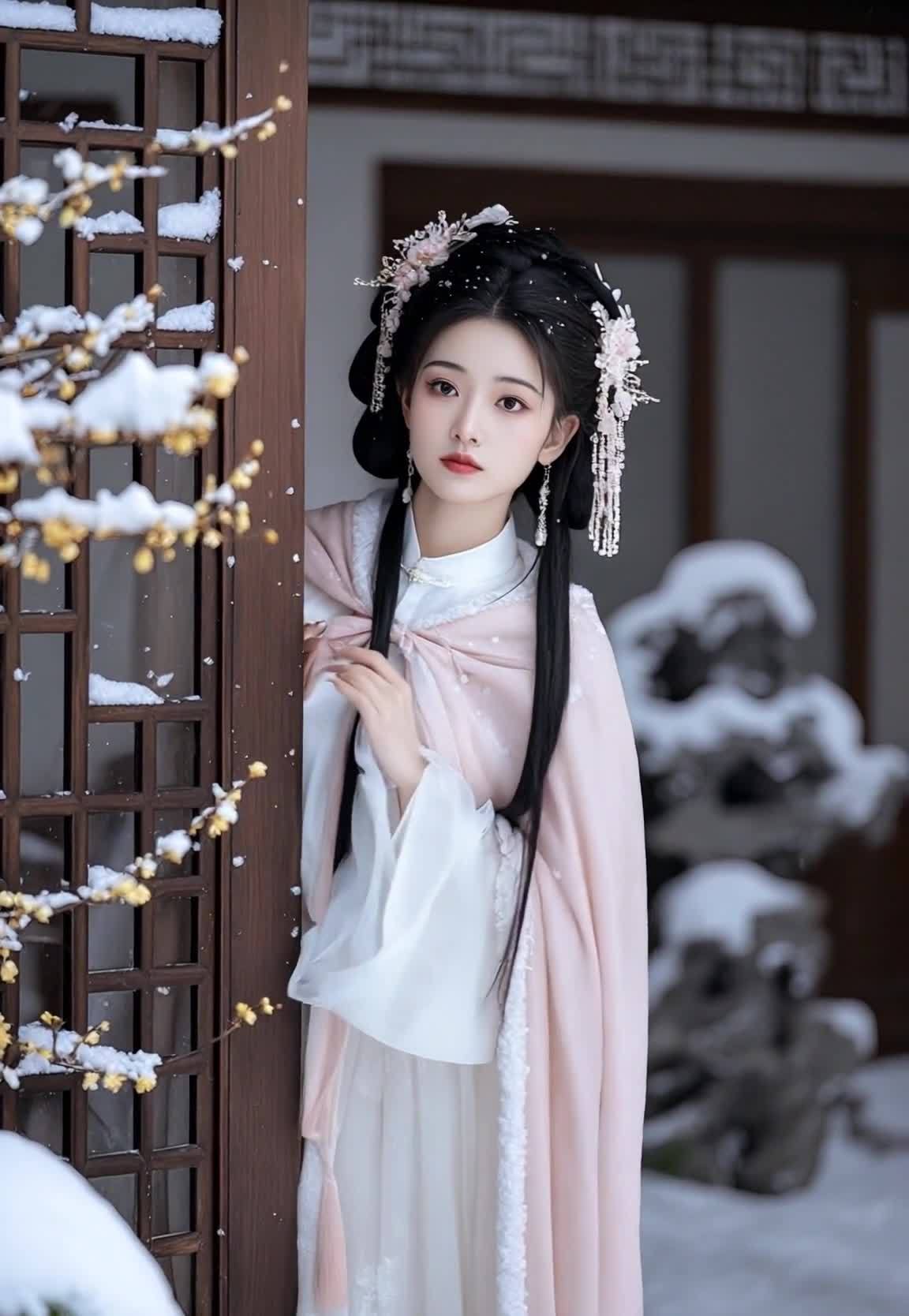 雪中着汉服的女子，门后探身展现古典美。