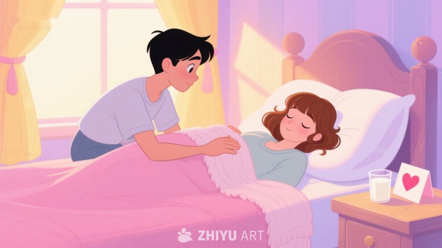 温馨时刻：男子轻抚熟睡女子的额头 438