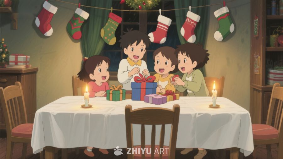 温馨圣诞夜，孩子们围桌分享礼物 257
