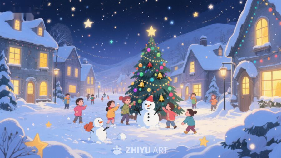 冬夜雪地中的圣诞树与欢庆儿童 116