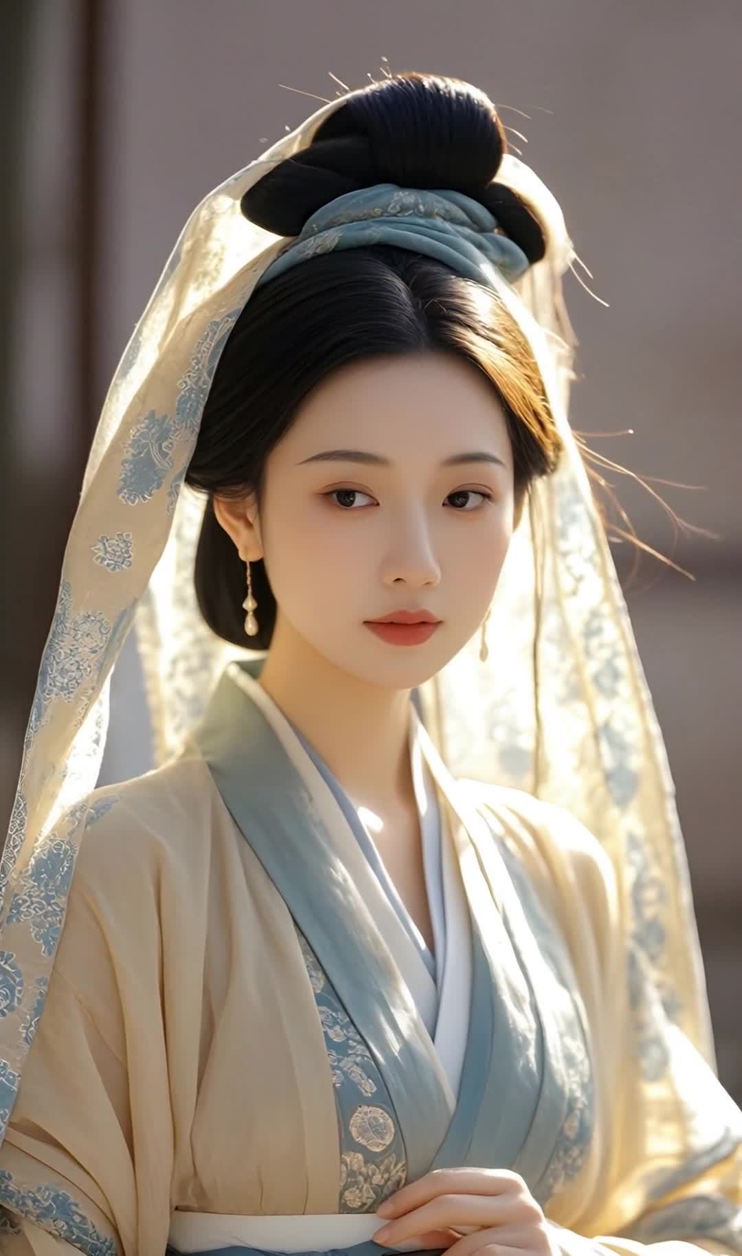 古典美人，着汉服纱巾，眼神清澈似水。