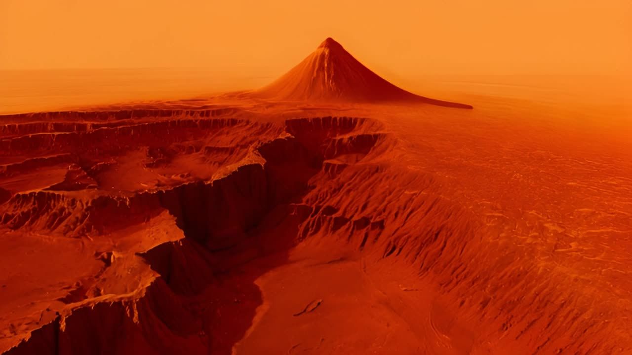 火星景观：一片红色的地表上，一座高耸的火山锥格外显
