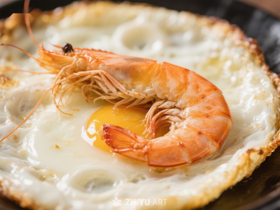 煎蛋上的大虾特写
